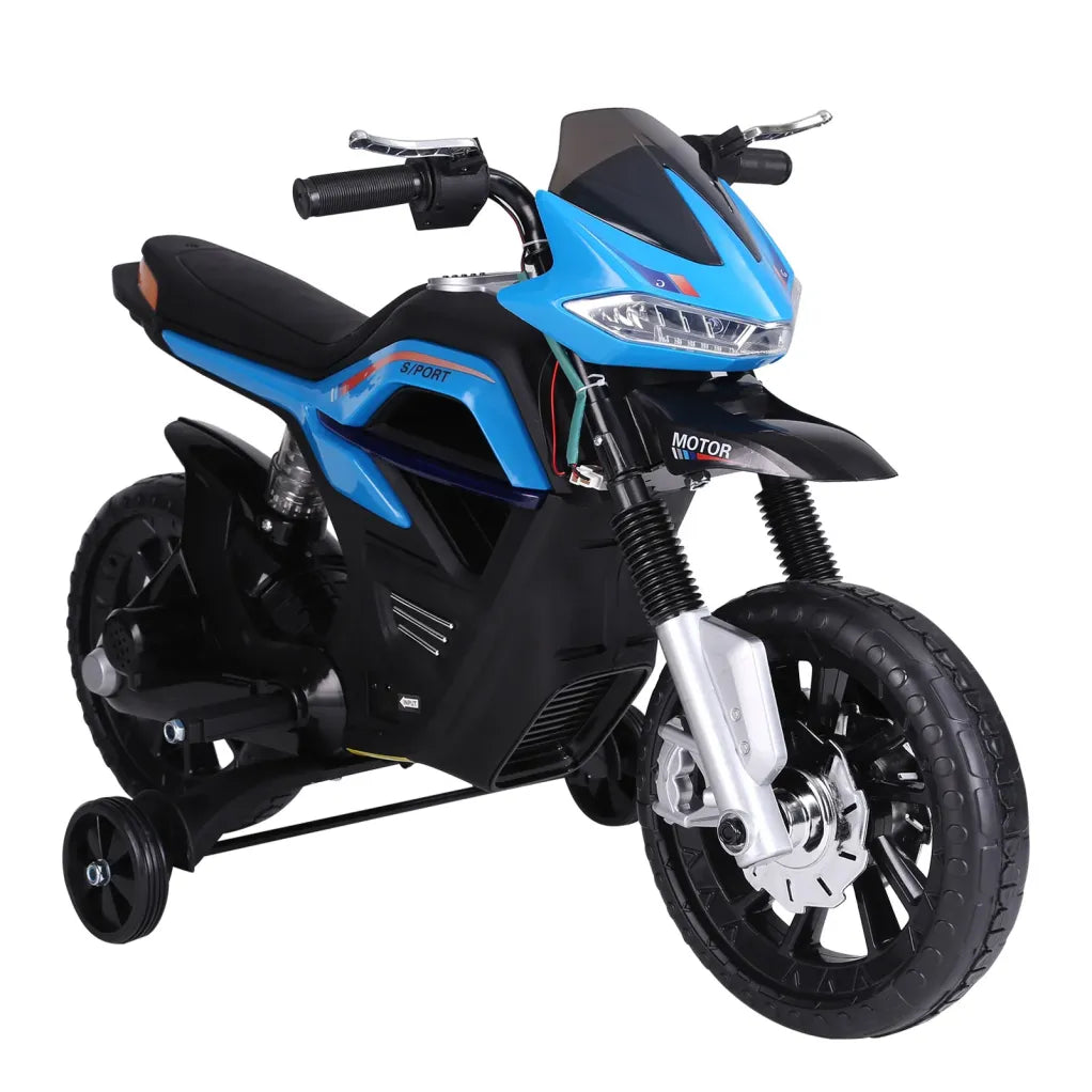 HOMCOM Moto électrique enfant avec lumière, musique et roulettes – Bleu